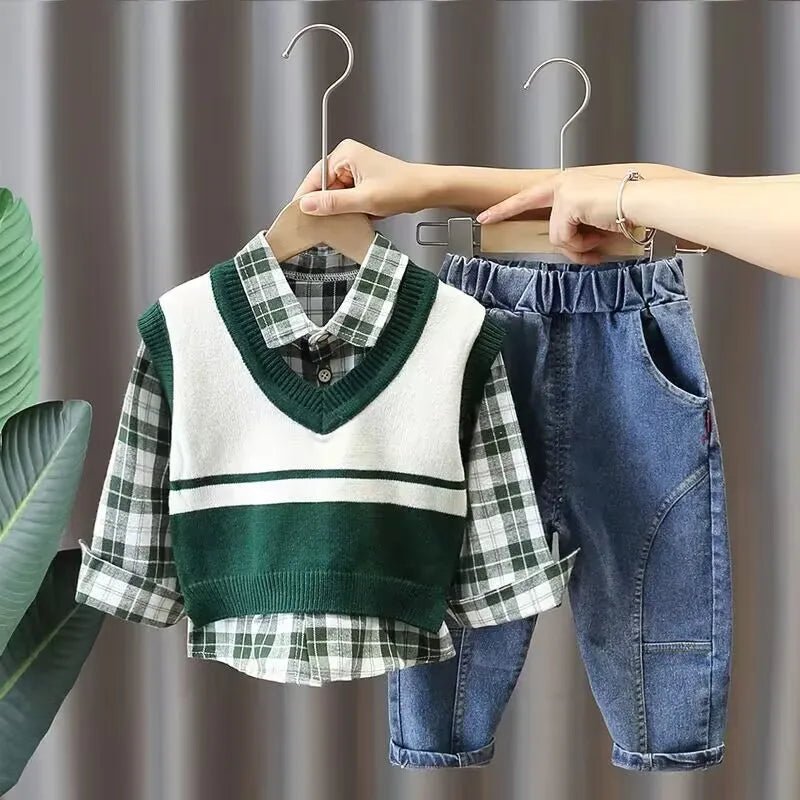 Boys' Baby Autumn Suit 2024 New Children's Fashionable Clothes Spring and Autumn Vest Shirt Jeans 3 Piece Set - PratSN