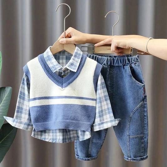 Boys' Baby Autumn Suit 2024 New Children's Fashionable Clothes Spring and Autumn Vest Shirt Jeans 3 Piece Set - PratSN
