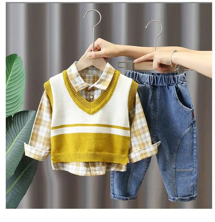 Boys' Baby Autumn Suit 2024 New Children's Fashionable Clothes Spring and Autumn Vest Shirt Jeans 3 Piece Set - PratSN