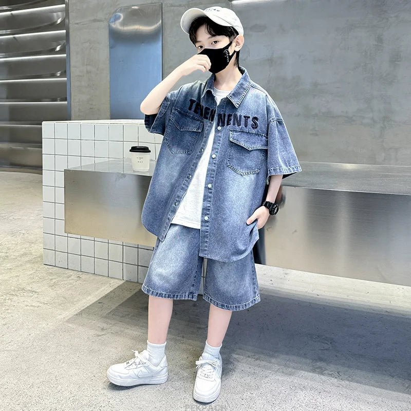 Boys Denim Suit Summer Clothes New Children's Short Sleeve Shirt + Shorts Sports Tracksuit Sets Kids Luxury Clothing Suit - PratSN