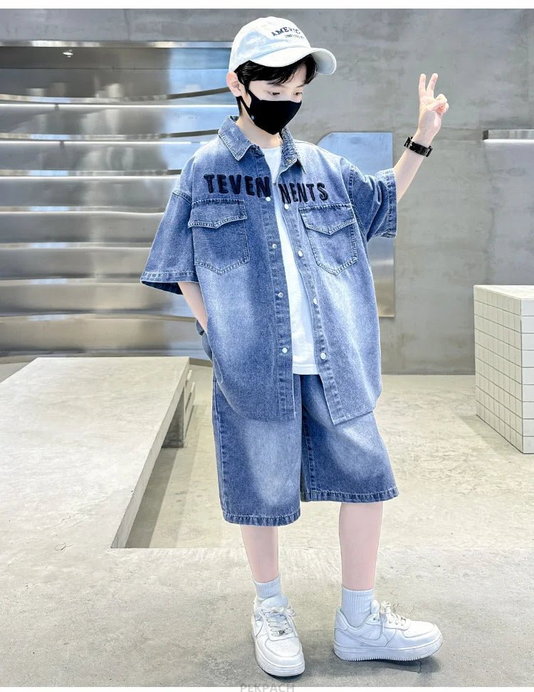 Boys Denim Suit Summer Clothes New Children's Short Sleeve Shirt + Shorts Sports Tracksuit Sets Kids Luxury Clothing Suit - PratSN