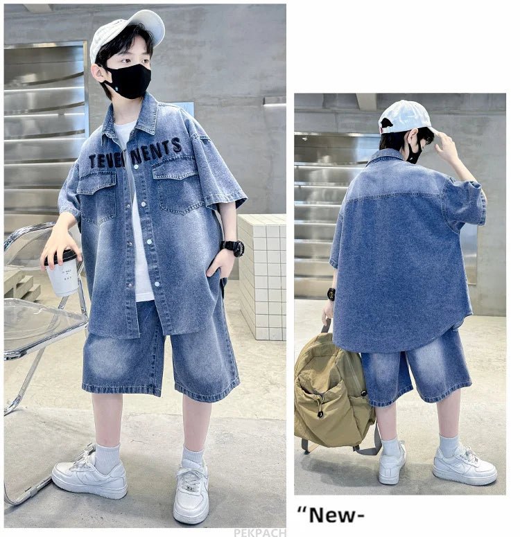 Boys Denim Suit Summer Clothes New Children's Short Sleeve Shirt + Shorts Sports Tracksuit Sets Kids Luxury Clothing Suit - PratSN