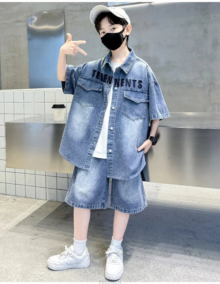 Boys Denim Suit Summer Clothes New Children's Short Sleeve Shirt + Shorts Sports Tracksuit Sets Kids Luxury Clothing Suit - PratSN
