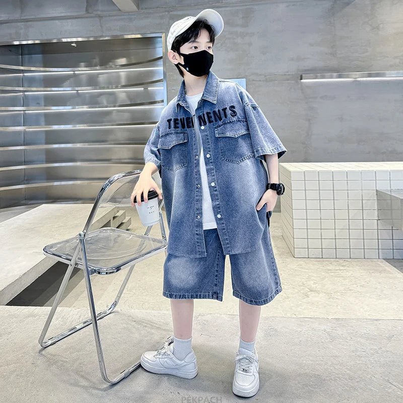 Boys Denim Suit Summer Clothes New Children's Short Sleeve Shirt + Shorts Sports Tracksuit Sets Kids Luxury Clothing Suit - PratSN