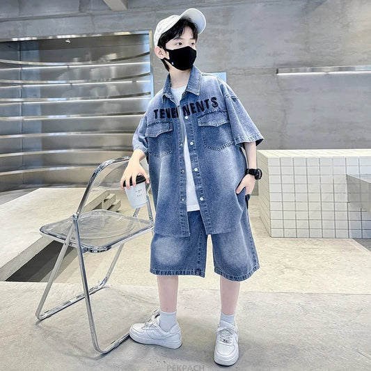 Boys Denim Suit Summer Clothes New Children's Short Sleeve Shirt + Shorts Sports Tracksuit Sets Kids Luxury Clothing Suit - PratSN
