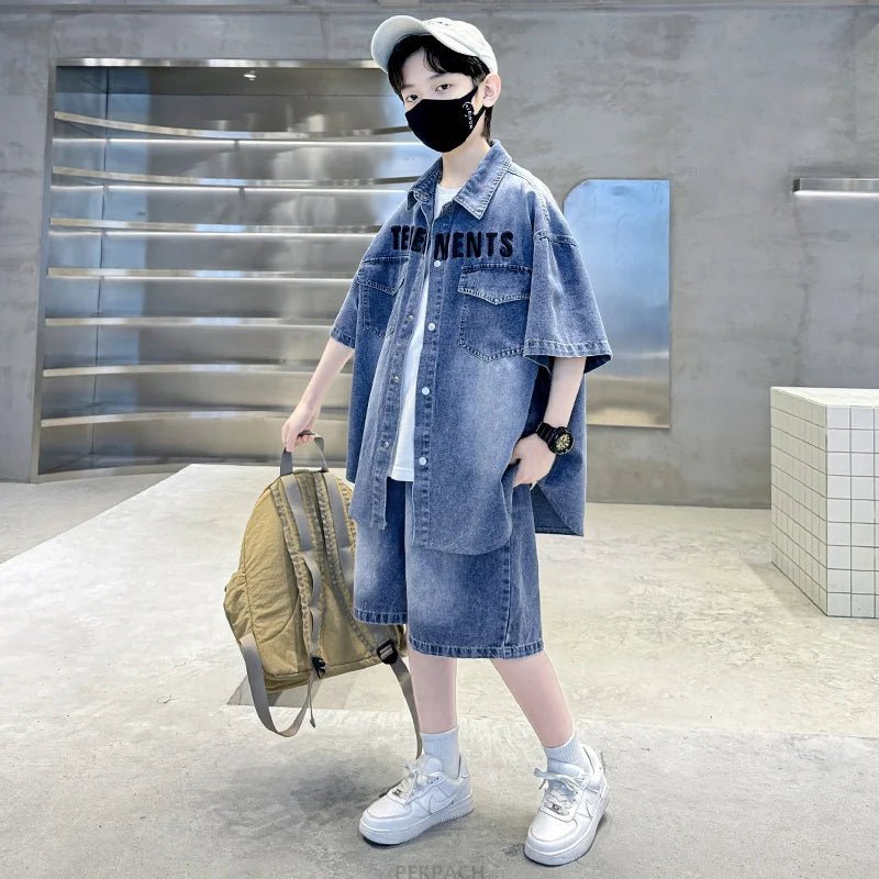 Boys Denim Suit Summer Clothes New Children's Short Sleeve Shirt + Shorts Sports Tracksuit Sets Kids Luxury Clothing Suit - PratSN