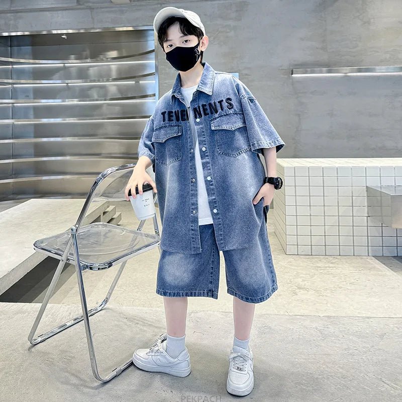 Boys Denim Suit Summer Clothes New Children's Short Sleeve Shirt + Shorts Sports Tracksuit Sets Kids Luxury Clothing Suit - PratSN