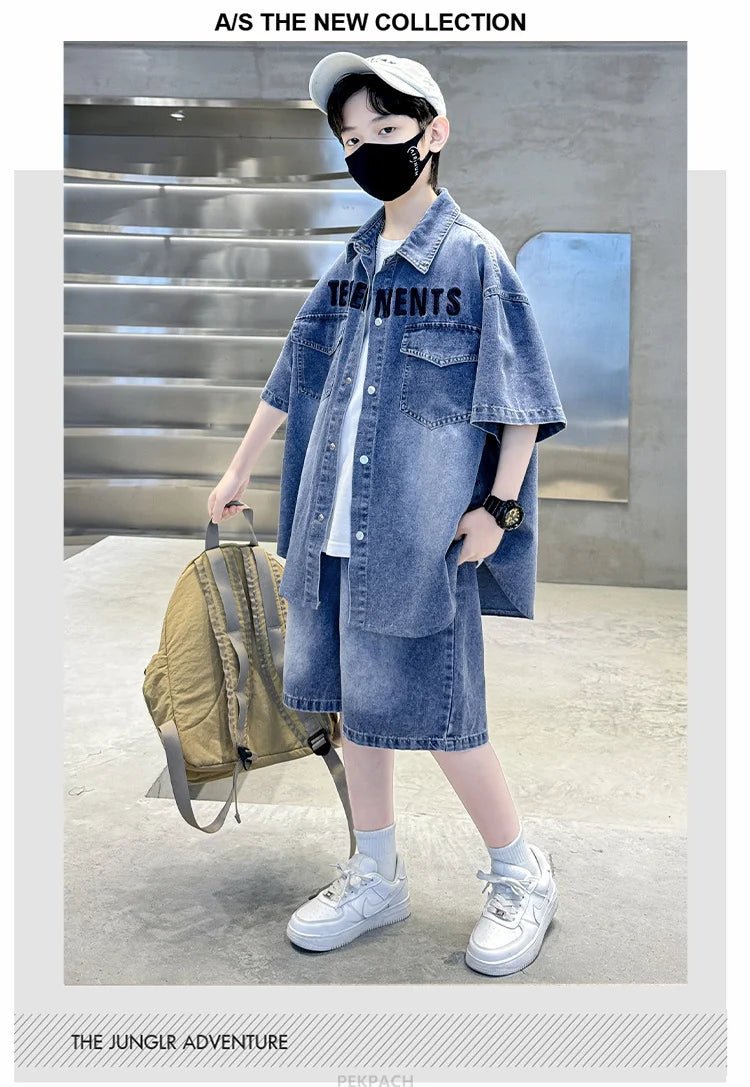 Boys Denim Suit Summer Clothes New Children's Short Sleeve Shirt + Shorts Sports Tracksuit Sets Kids Luxury Clothing Suit - PratSN