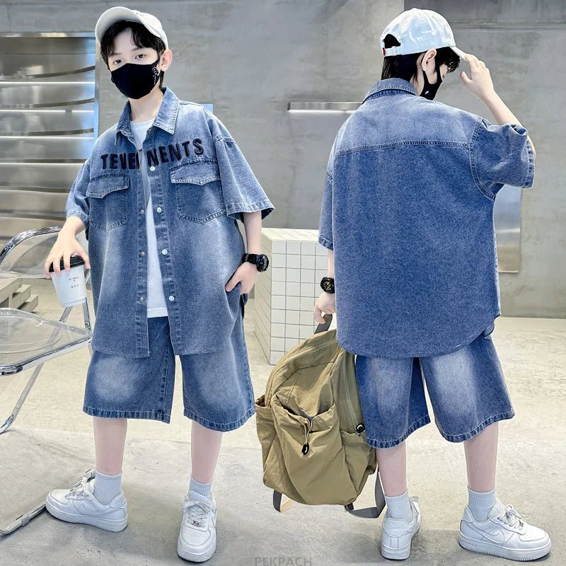 Boys Denim Suit Summer Clothes New Children's Short Sleeve Shirt + Shorts Sports Tracksuit Sets Kids Luxury Clothing Suit - PratSN