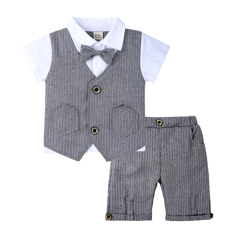 Boys Formal Three Piece Set White Cotton Short Sleeve Shirt Vest Shorts With Striped Patterns - PratSN