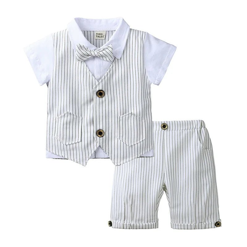 Boys Formal Three Piece Set White Cotton Short Sleeve Shirt Vest Shorts With Striped Patterns - PratSN