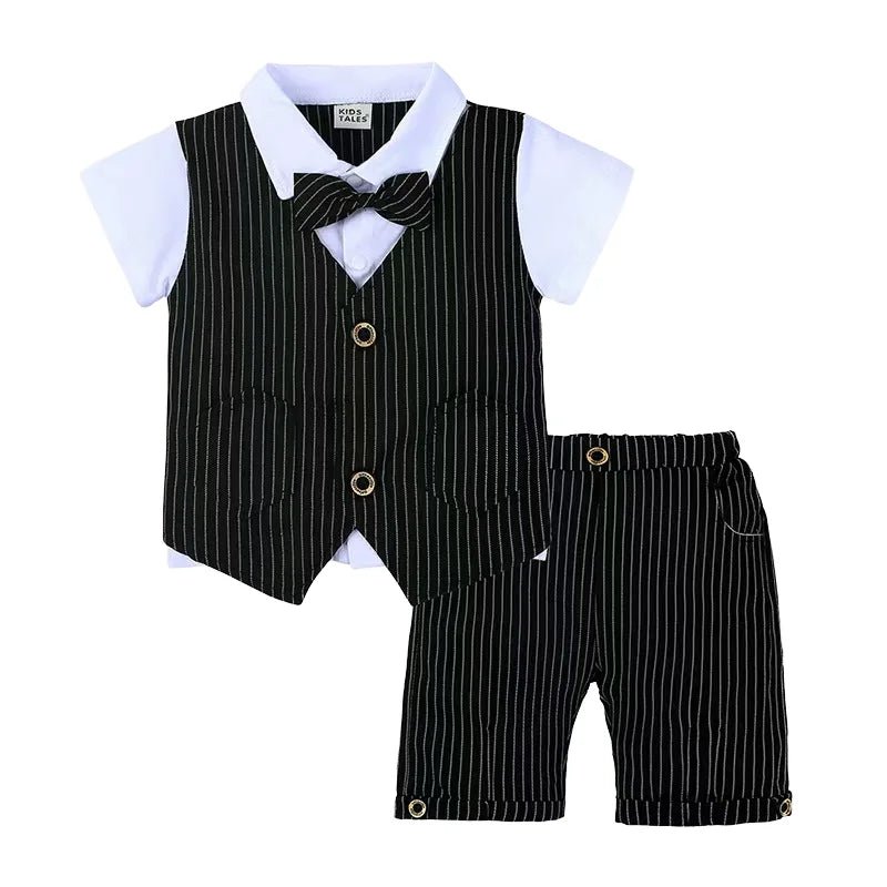 Boys Formal Three Piece Set White Cotton Short Sleeve Shirt Vest Shorts With Striped Patterns - PratSN