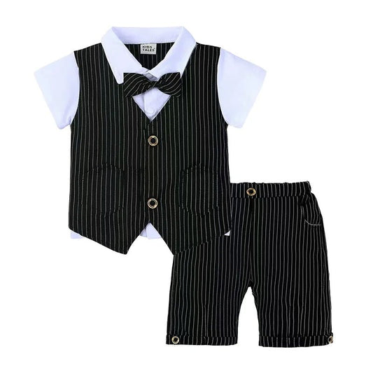 Boys Formal Three Piece Set White Cotton Short Sleeve Shirt Vest Shorts With Striped Patterns - PratSN