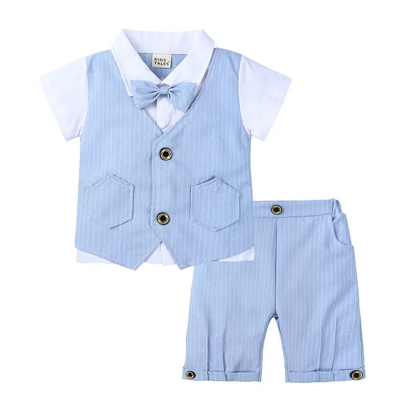 Boys Formal Three Piece Set White Cotton Short Sleeve Shirt Vest Shorts With Striped Patterns - PratSN
