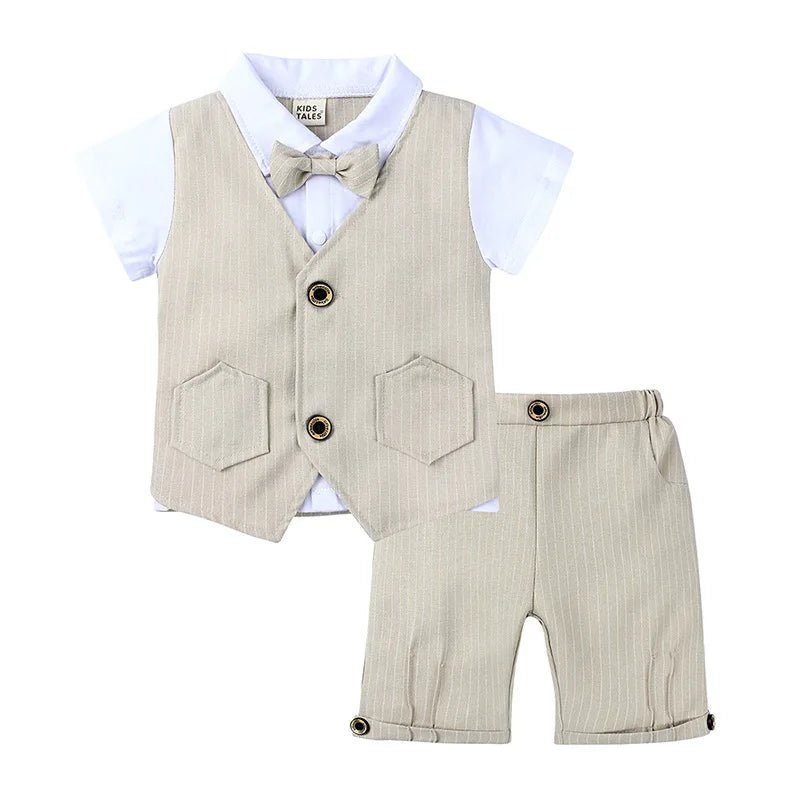Boys Formal Three Piece Set White Cotton Short Sleeve Shirt Vest Shorts With Striped Patterns - PratSN