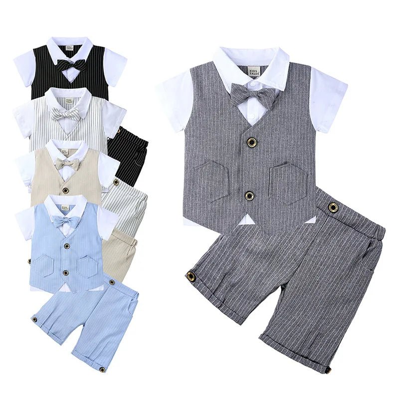 Boys Formal Three Piece Set White Cotton Short Sleeve Shirt Vest Shorts With Striped Patterns - PratSN