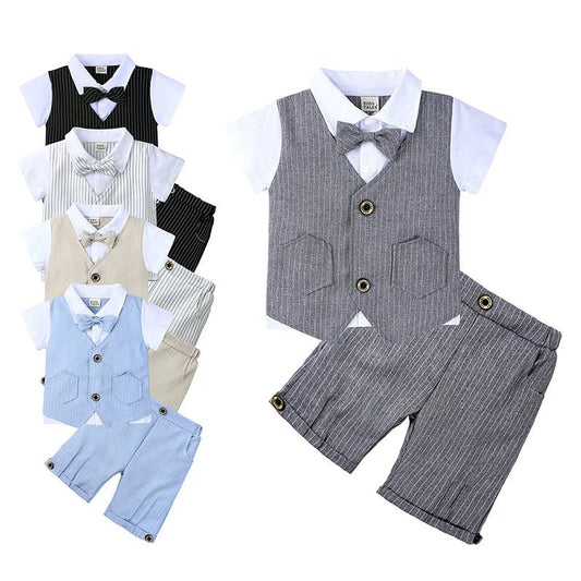 Boys Formal Three Piece Set White Cotton Short Sleeve Shirt Vest Shorts With Striped Patterns - PratSN