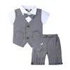 Boys Formal Three Piece Set White Cotton Short Sleeve Shirt Vest Shorts With Striped Patterns - PratSN