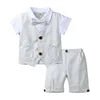 Boys Formal Three Piece Set White Cotton Short Sleeve Shirt Vest Shorts With Striped Patterns - PratSN