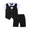 Boys Formal Three Piece Set White Cotton Short Sleeve Shirt Vest Shorts With Striped Patterns - PratSN
