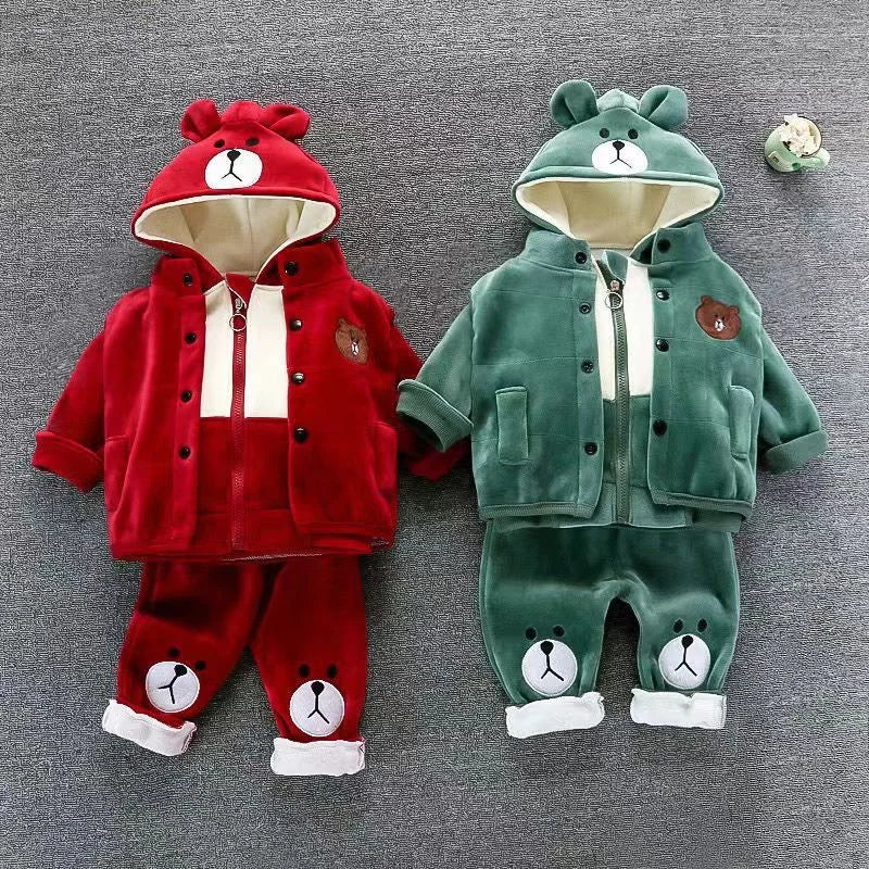 Boys Girls Padded Sets New Autumn Winter Children's Suits Kids Hooded Jackets +Pants 3Pcs Outfits Baby Spring Cartoon Clothing - PratSN