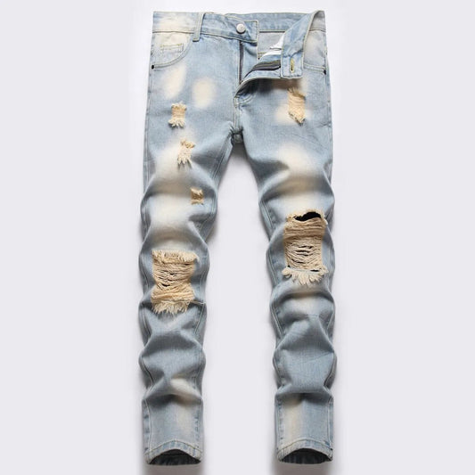 Boys' Light Blue Retro Straight - leg Ripped Jeans Children Washed Distressed Stretch Denim Trousers Big Kids Casual Pants 5 - 16y - PratSN