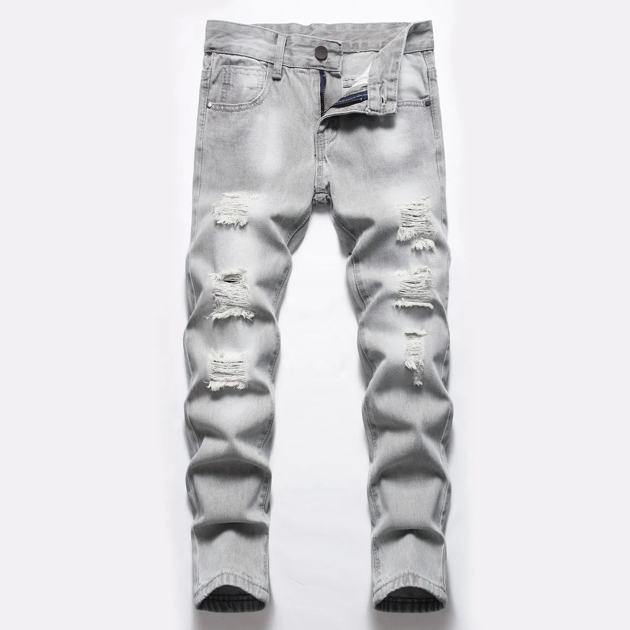 Boys' Light Blue Retro Straight - leg Ripped Jeans Children Washed Distressed Stretch Denim Trousers Big Kids Casual Pants 5 - 16y - PratSN