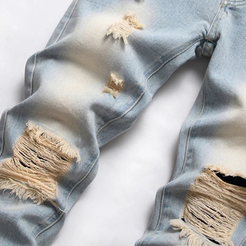 Boys' Light Blue Retro Straight - leg Ripped Jeans Children Washed Distressed Stretch Denim Trousers Big Kids Casual Pants 5 - 16y - PratSN