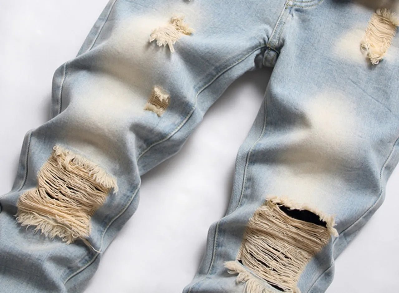 Boys' Light Blue Retro Straight - leg Ripped Jeans Children Washed Distressed Stretch Denim Trousers Big Kids Casual Pants 5 - 16y - PratSN
