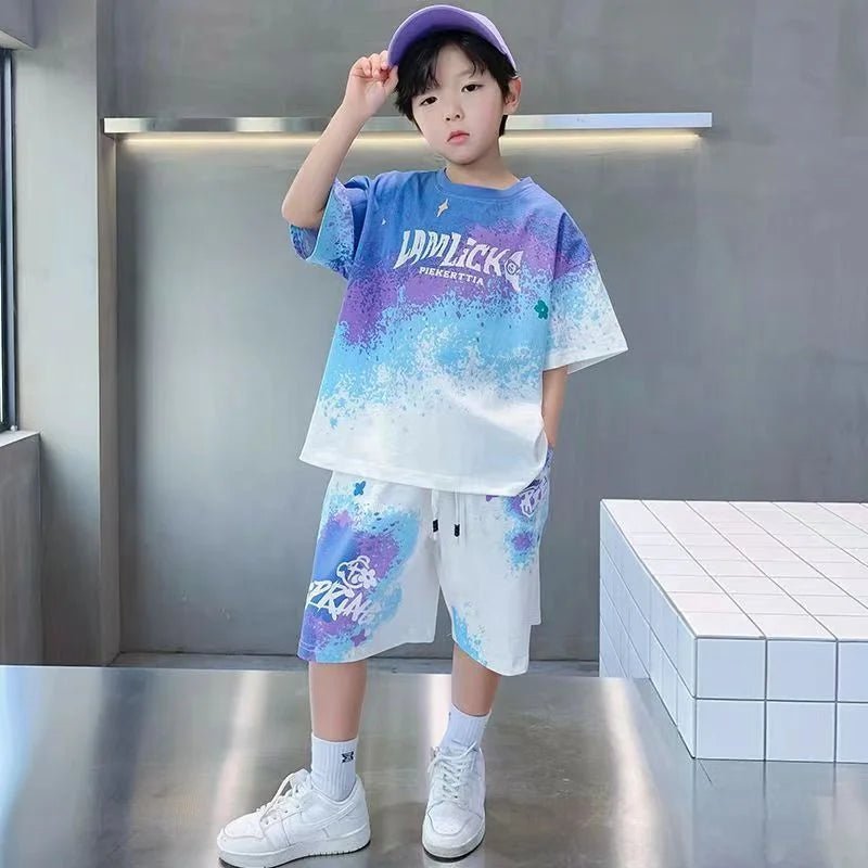 Boys Loose Casual Sets Summer Teen Gradient T-shirts+Shorts 2Pcs Big Kids Sport Short Sleeve Clothes Suits Children Print Outfit - PratSN