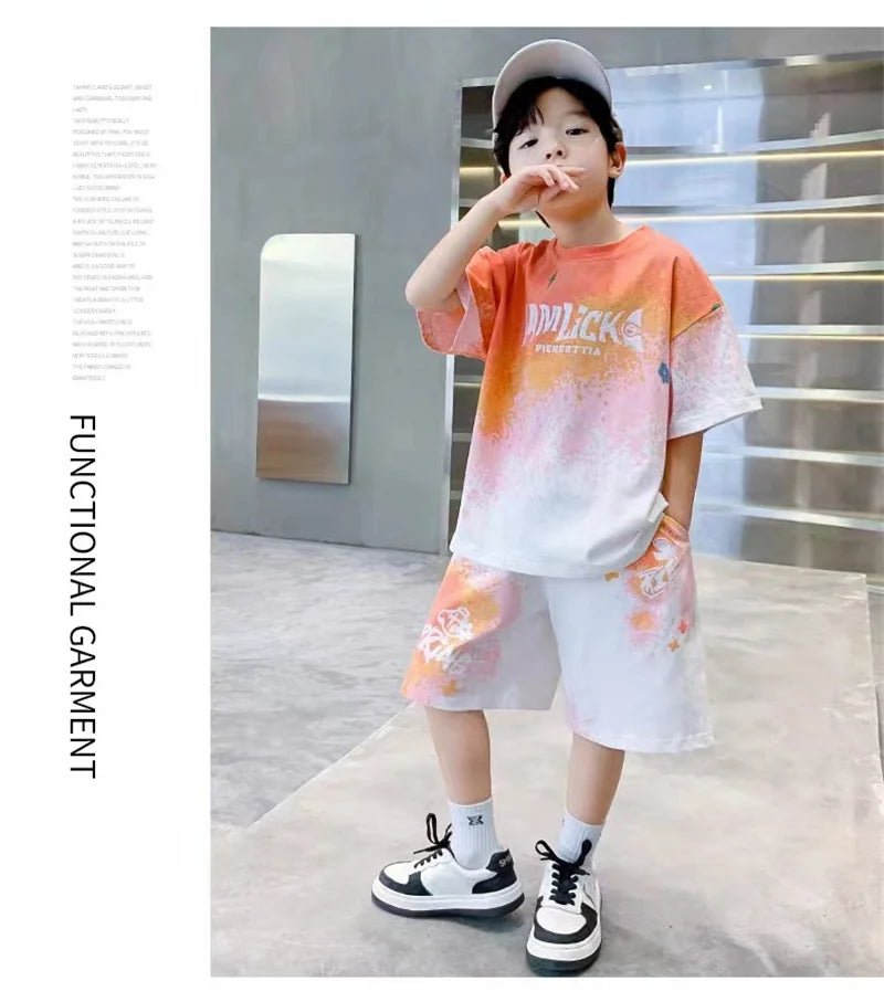 Boys Loose Casual Sets Summer Teen Gradient T-shirts+Shorts 2Pcs Big Kids Sport Short Sleeve Clothes Suits Children Print Outfit - PratSN