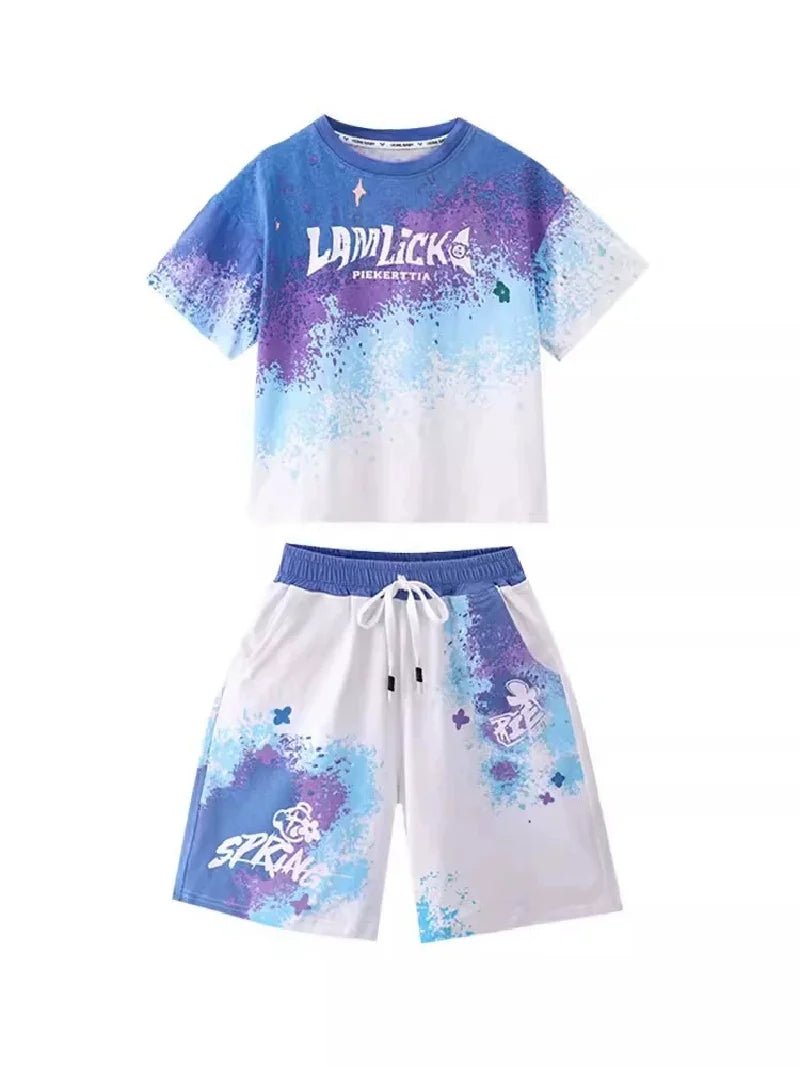 Boys Loose Casual Sets Summer Teen Gradient T-shirts+Shorts 2Pcs Big Kids Sport Short Sleeve Clothes Suits Children Print Outfit - PratSN