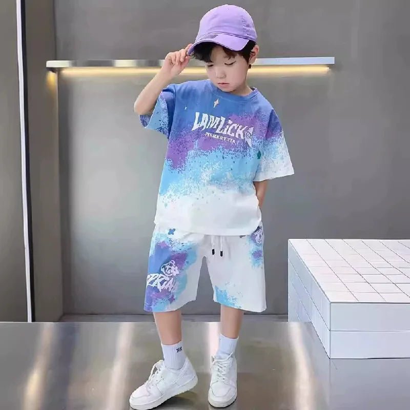 Boys Loose Casual Sets Summer Teen Gradient T-shirts+Shorts 2Pcs Big Kids Sport Short Sleeve Clothes Suits Children Print Outfit - PratSN