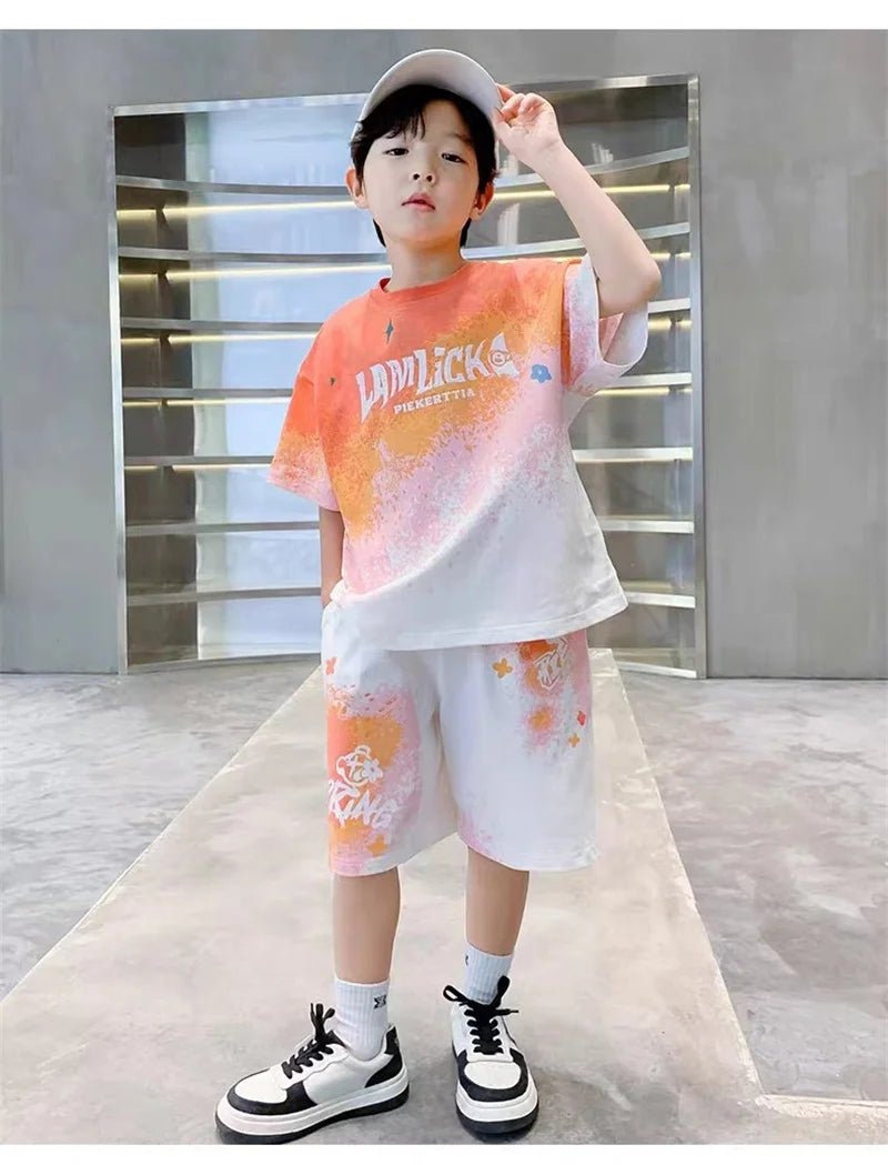 Boys Loose Casual Sets Summer Teen Gradient T-shirts+Shorts 2Pcs Big Kids Sport Short Sleeve Clothes Suits Children Print Outfit - PratSN