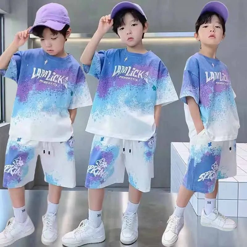 Boys Loose Casual Sets Summer Teen Gradient T-shirts+Shorts 2Pcs Big Kids Sport Short Sleeve Clothes Suits Children Print Outfit - PratSN