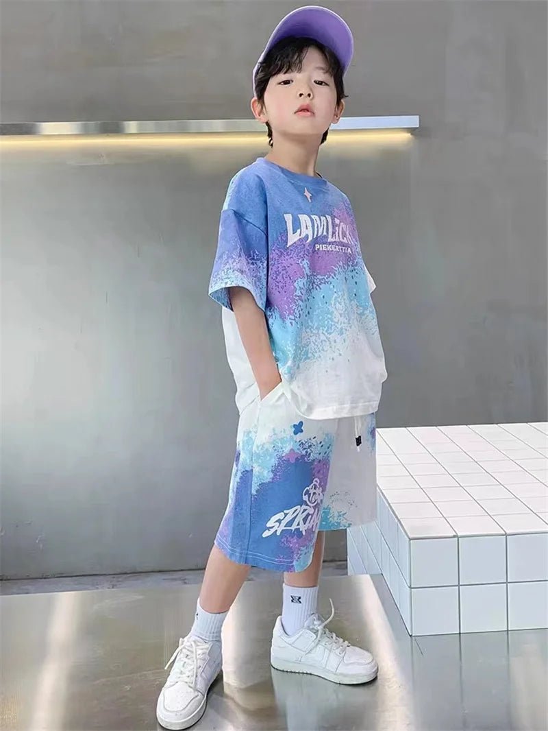 Boys Loose Casual Sets Summer Teen Gradient T-shirts+Shorts 2Pcs Big Kids Sport Short Sleeve Clothes Suits Children Print Outfit - PratSN