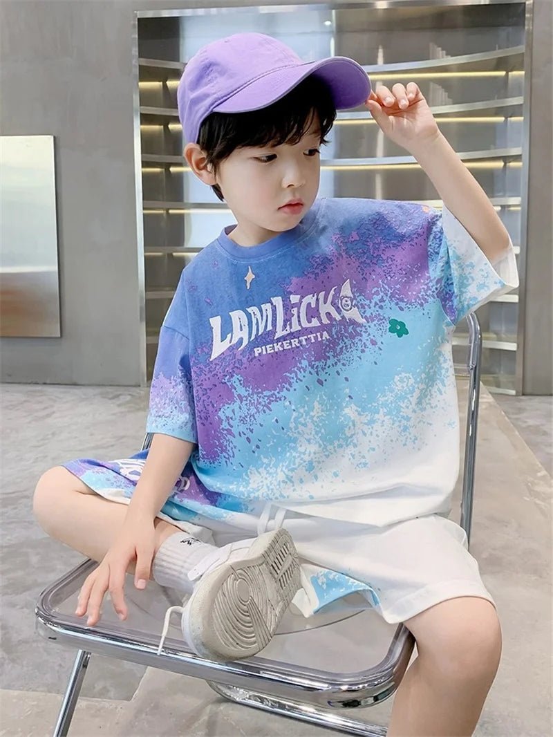 Boys Loose Casual Sets Summer Teen Gradient T-shirts+Shorts 2Pcs Big Kids Sport Short Sleeve Clothes Suits Children Print Outfit - PratSN