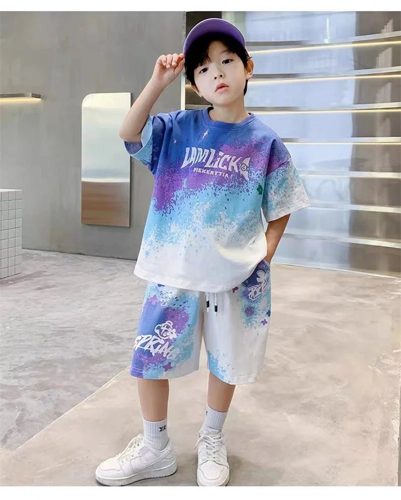 Boys Loose Casual Sets Summer Teen Gradient T-shirts+Shorts 2Pcs Big Kids Sport Short Sleeve Clothes Suits Children Print Outfit - PratSN