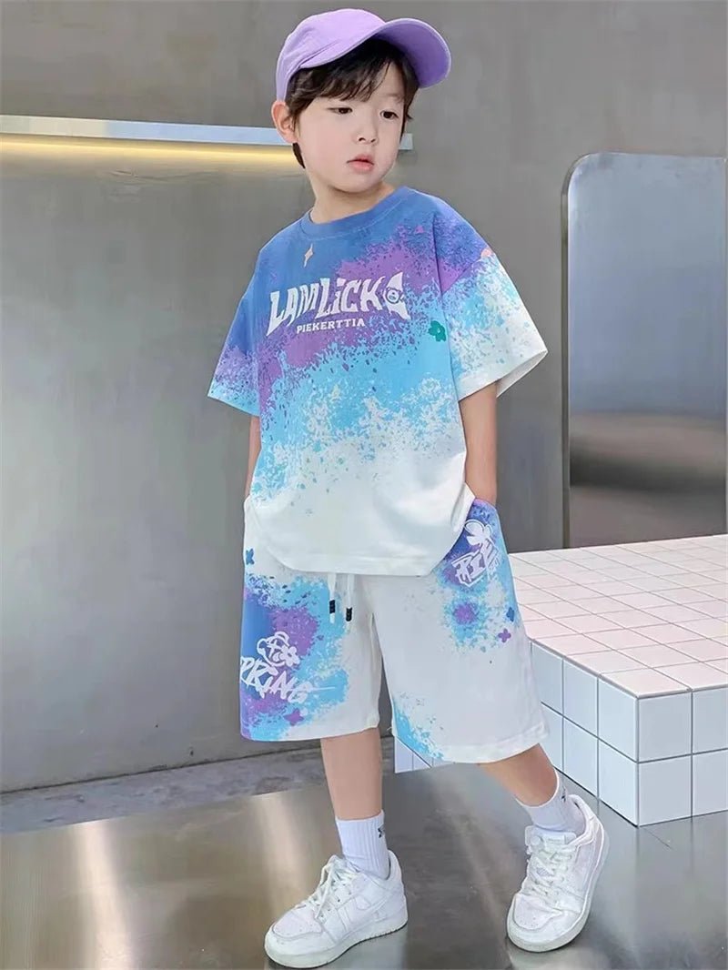 Boys Loose Casual Sets Summer Teen Gradient T-shirts+Shorts 2Pcs Big Kids Sport Short Sleeve Clothes Suits Children Print Outfit - PratSN