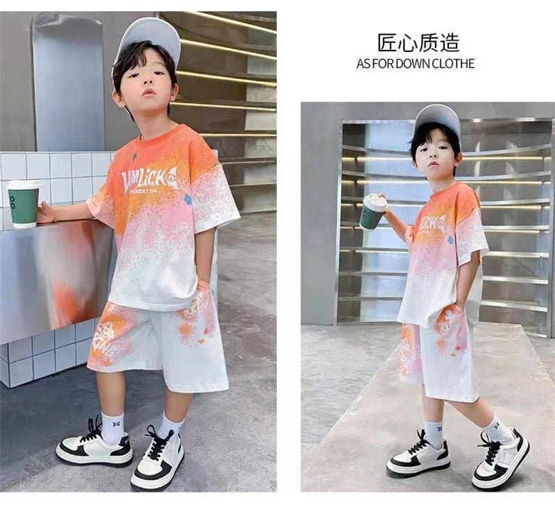 Boys Loose Casual Sets Summer Teen Gradient T-shirts+Shorts 2Pcs Big Kids Sport Short Sleeve Clothes Suits Children Print Outfit - PratSN