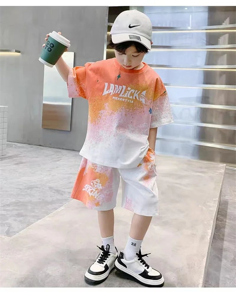 Boys Loose Casual Sets Summer Teen Gradient T-shirts+Shorts 2Pcs Big Kids Sport Short Sleeve Clothes Suits Children Print Outfit - PratSN