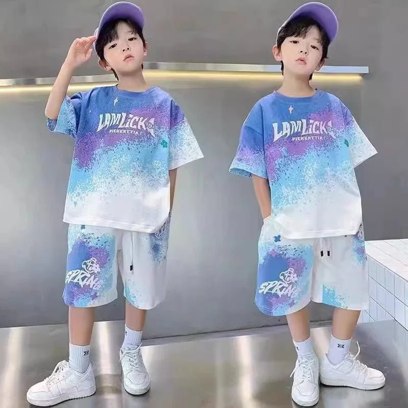 Boys Loose Casual Sets Summer Teen Gradient T-shirts+Shorts 2Pcs Big Kids Sport Short Sleeve Clothes Suits Children Print Outfit - PratSN
