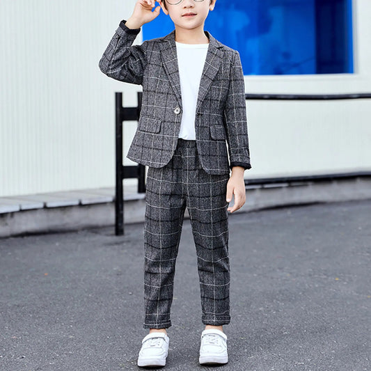 Boys Plaid Slim Fit Casual Suits Set Child Spring Autumn Performance Piano Photography Costume Kids Blazer Pants Outfit - PratSN