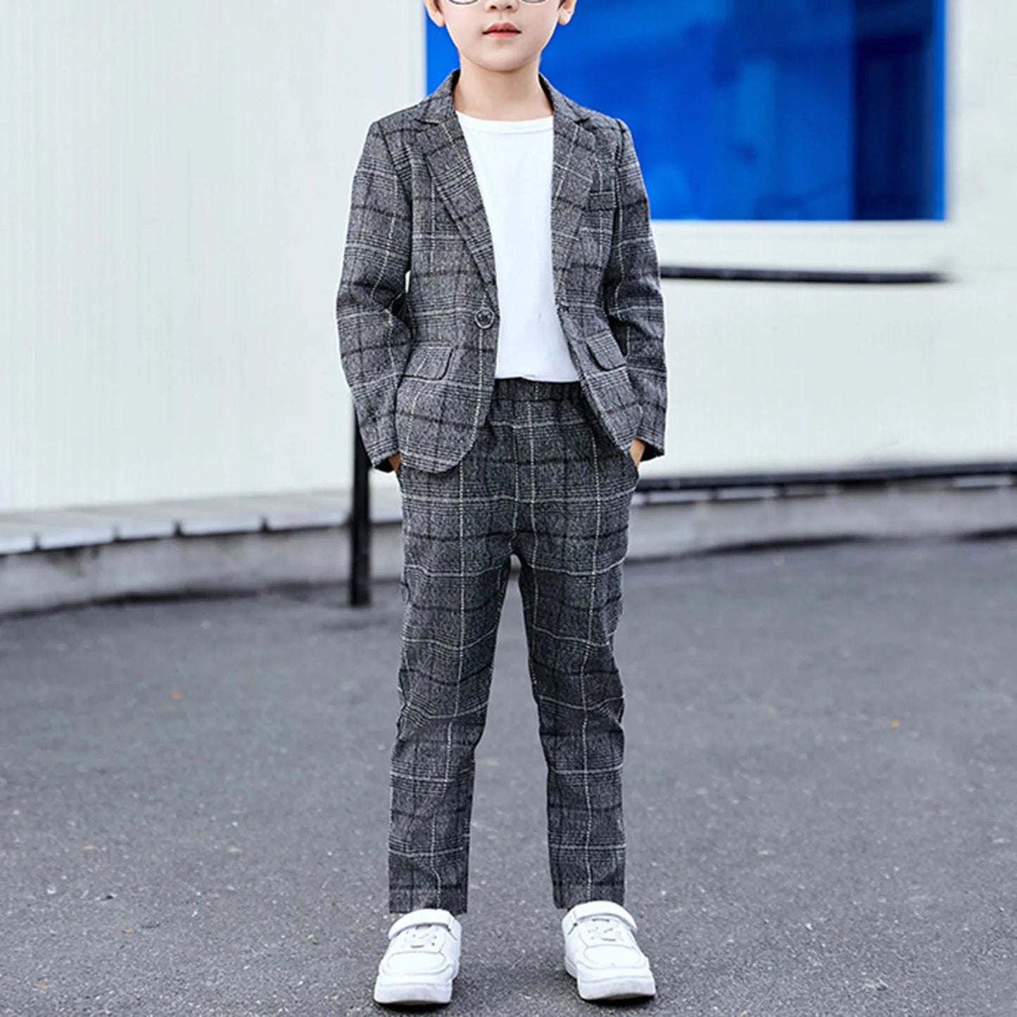 Boys Plaid Slim Fit Casual Suits Set Child Spring Autumn Performance Piano Photography Costume Kids Blazer Pants Outfit - PratSN