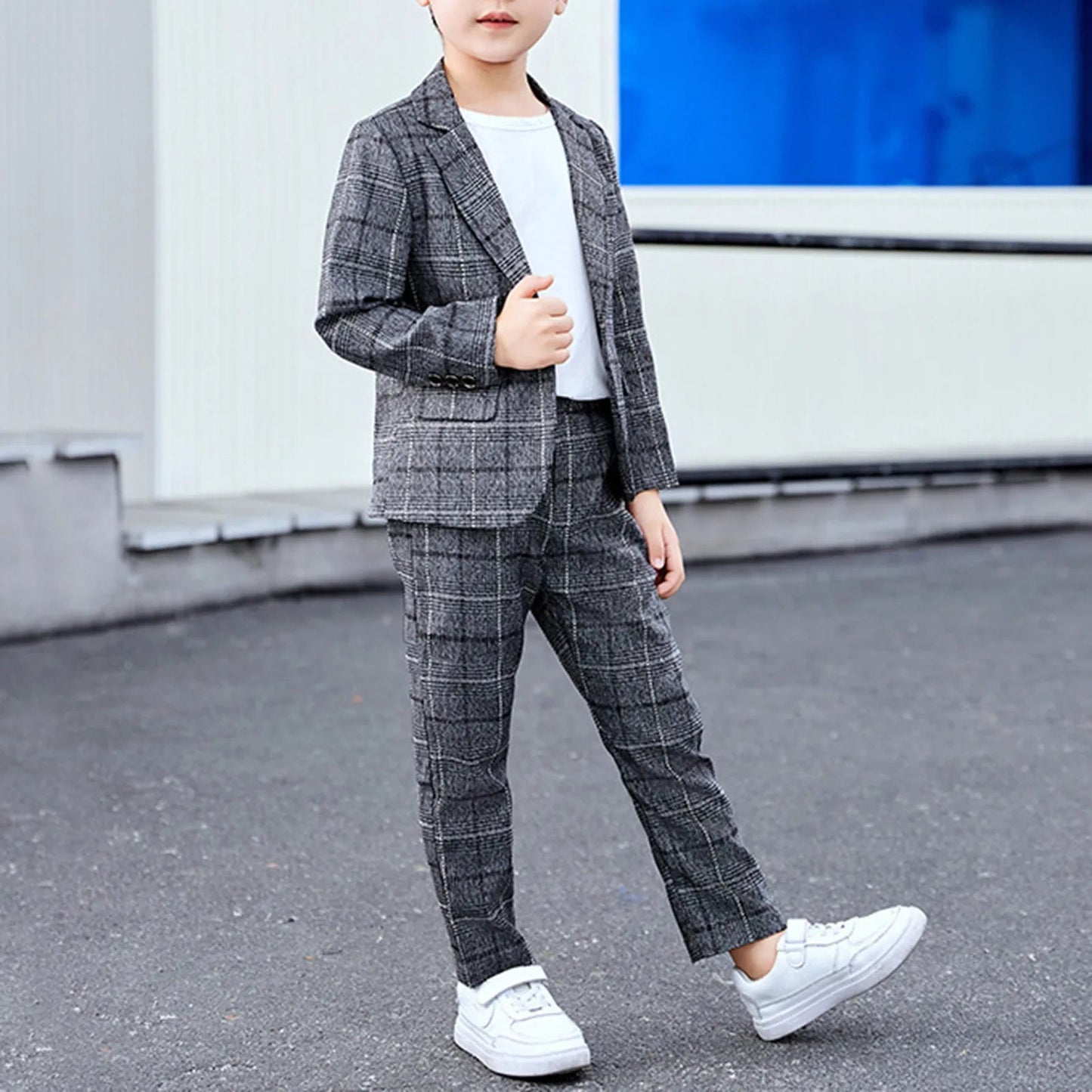Boys Plaid Slim Fit Casual Suits Set Child Spring Autumn Performance Piano Photography Costume Kids Blazer Pants Outfit - PratSN