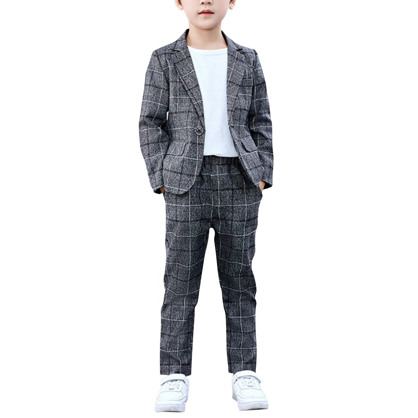 Boys Plaid Slim Fit Casual Suits Set Child Spring Autumn Performance Piano Photography Costume Kids Blazer Pants Outfit - PratSN