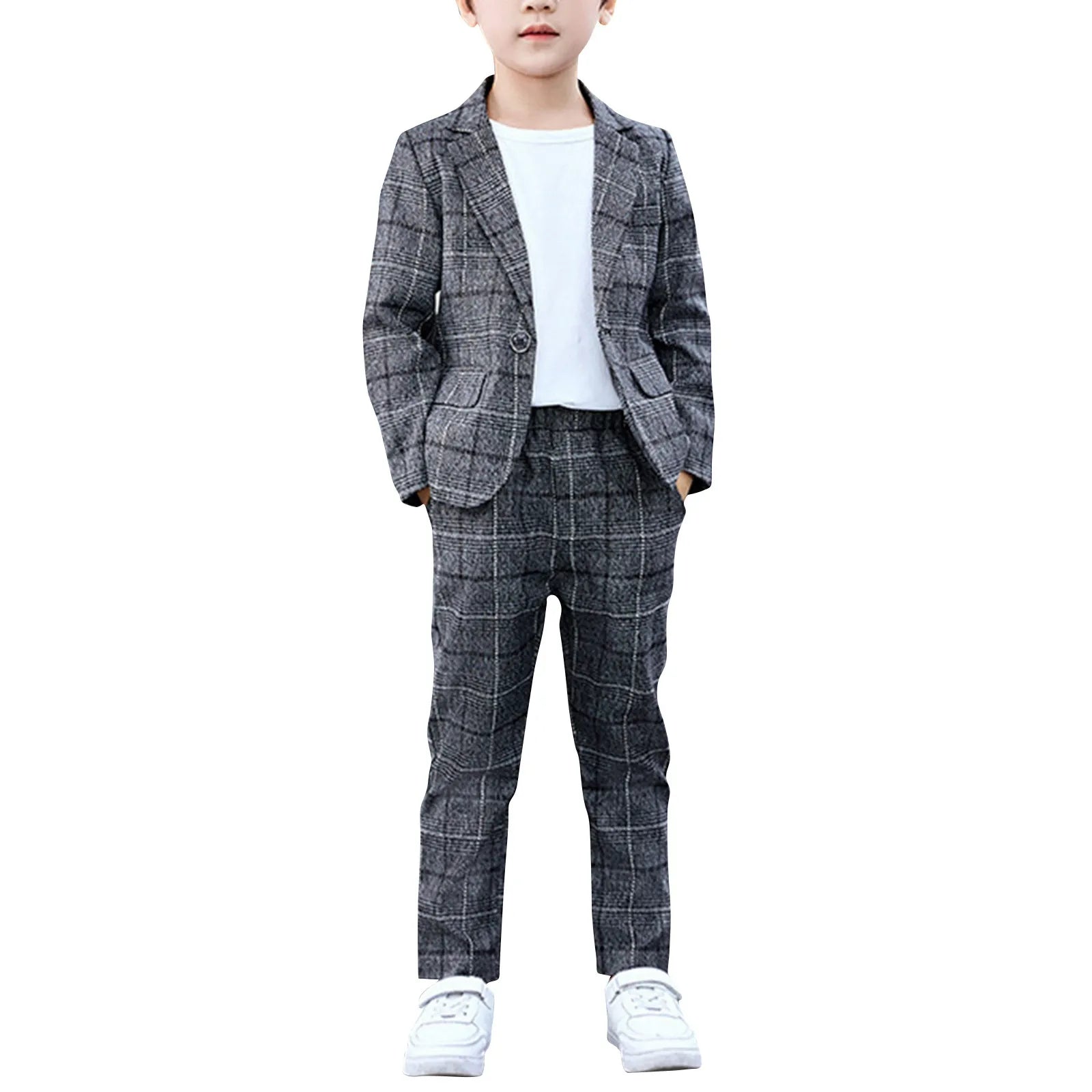 Boys Plaid Slim Fit Casual Suits Set Child Spring Autumn Performance Piano Photography Costume Kids Blazer Pants Outfit - PratSN