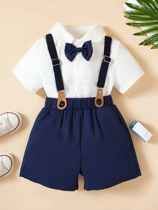 Boys Summer Bow Short sleeved Shirt+Strap Shorts Casual Gentleman Party Dress Two Piece Set - PratSN
