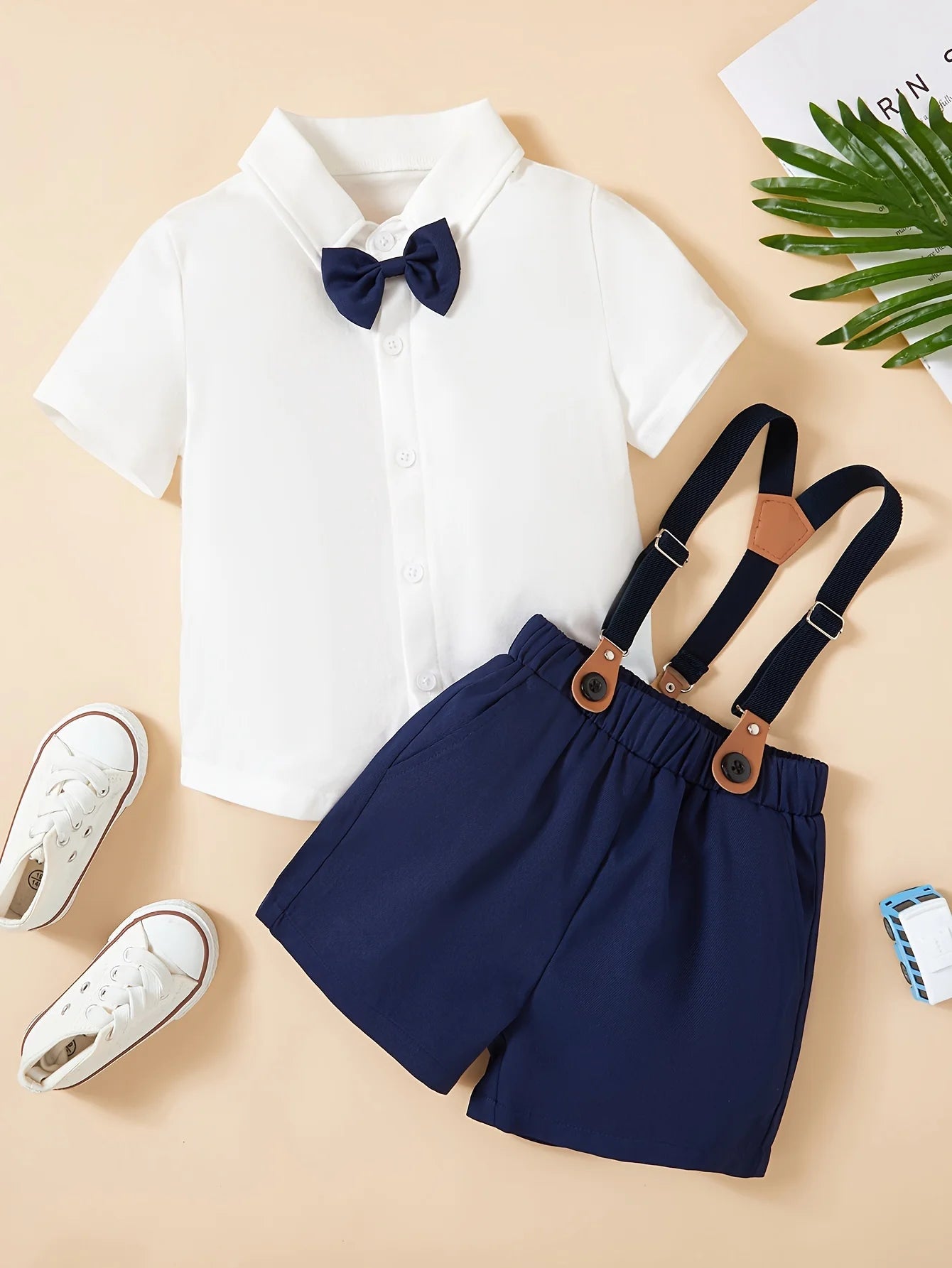 Boys Summer Bow Short sleeved Shirt+Strap Shorts Casual Gentleman Party Dress Two Piece Set - PratSN