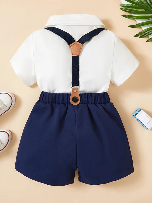 Boys Summer Bow Short sleeved Shirt+Strap Shorts Casual Gentleman Party Dress Two Piece Set - PratSN